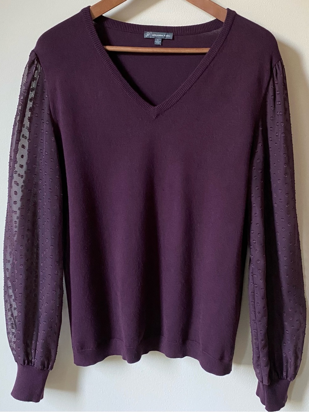Adrianna Papell Swiss Dot Sheer Sleeve Sweater L Purple Whimsigoth Victorian